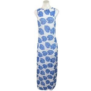 Women's Mesh Tall Semi Sheer Blue Tropical Leaf Print Swim Coverup Dress Size L